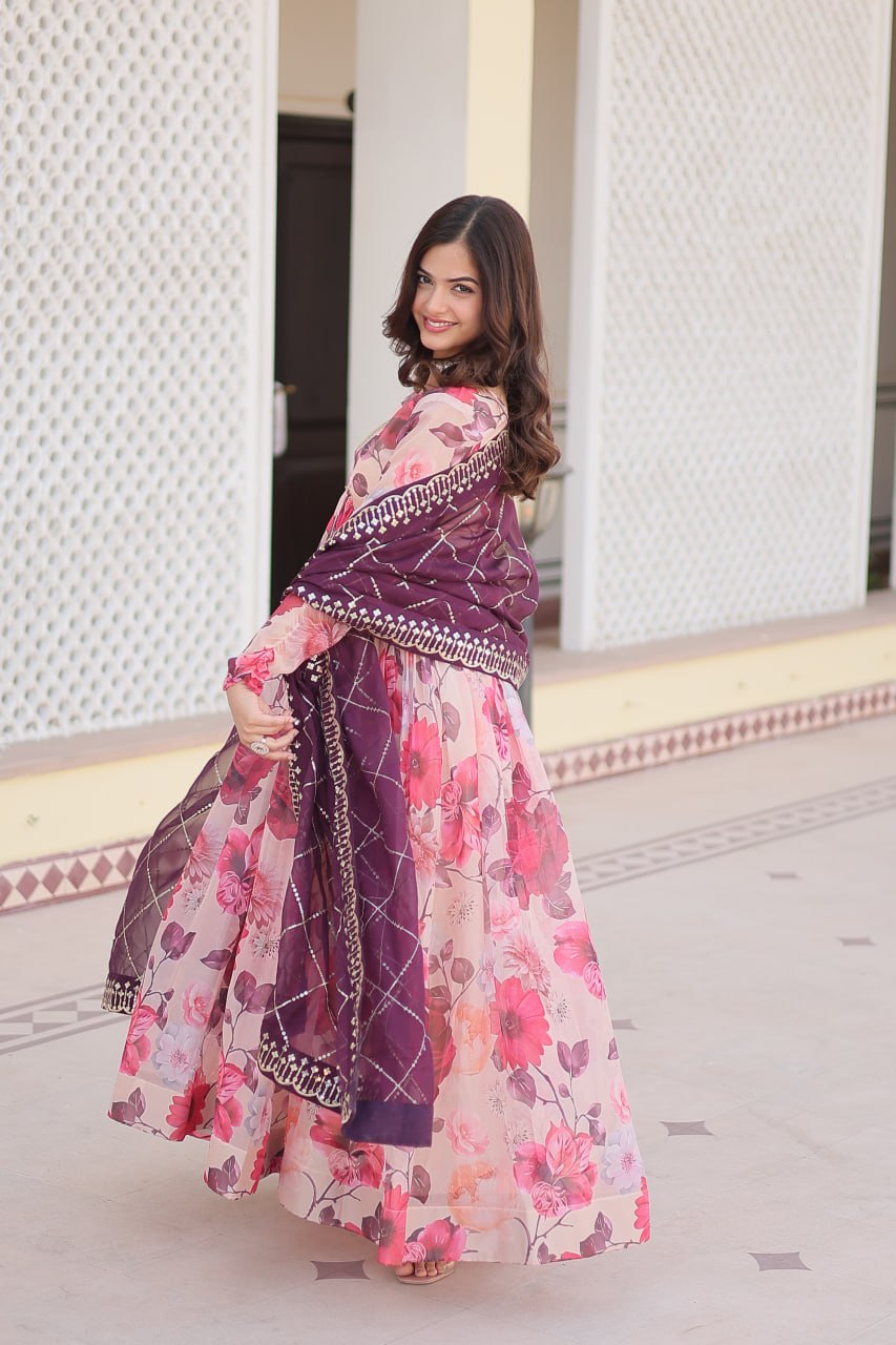Captivating Russian Silk Floral Fully Stitched Designer Gown - Ethnicwish