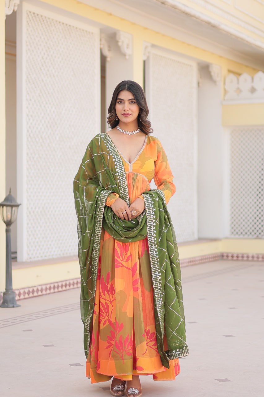 Captivating Russian Silk Floral Fully Stitched Designer Gown - Ethnicwish