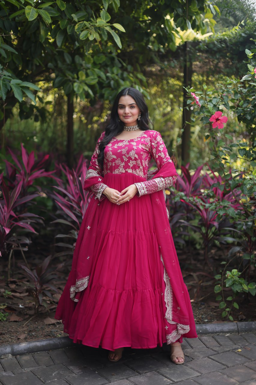 Enticing Faux Georgette Sequins Embroidered Festive Wear Gown - Ethnicwish