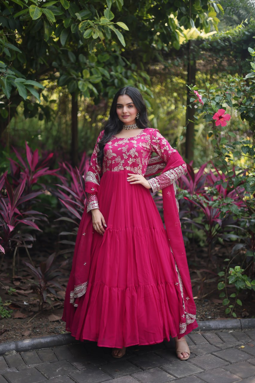 Enticing Faux Georgette Sequins Embroidered Festive Wear Gown - Ethnicwish