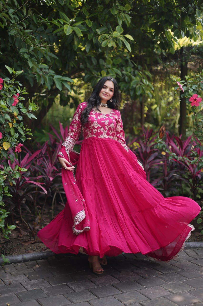 Enticing Faux Georgette Sequins Embroidered Festive Wear Gown - Ethnicwish