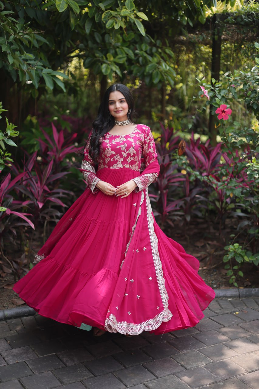 Enticing Faux Georgette Sequins Embroidered Festive Wear Gown - Ethnicwish