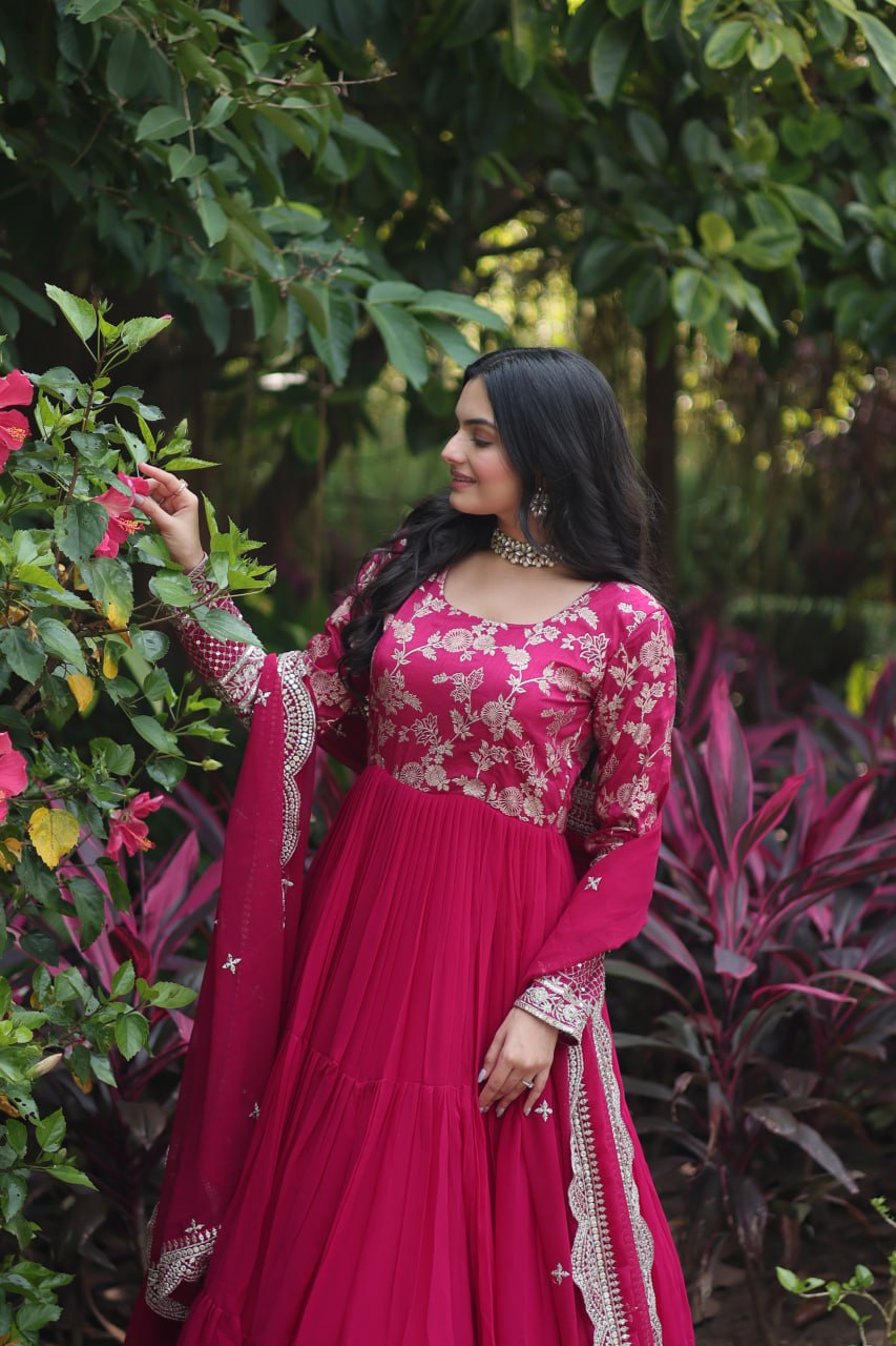 Enticing Faux Georgette Sequins Embroidered Festive Wear Gown - Ethnicwish