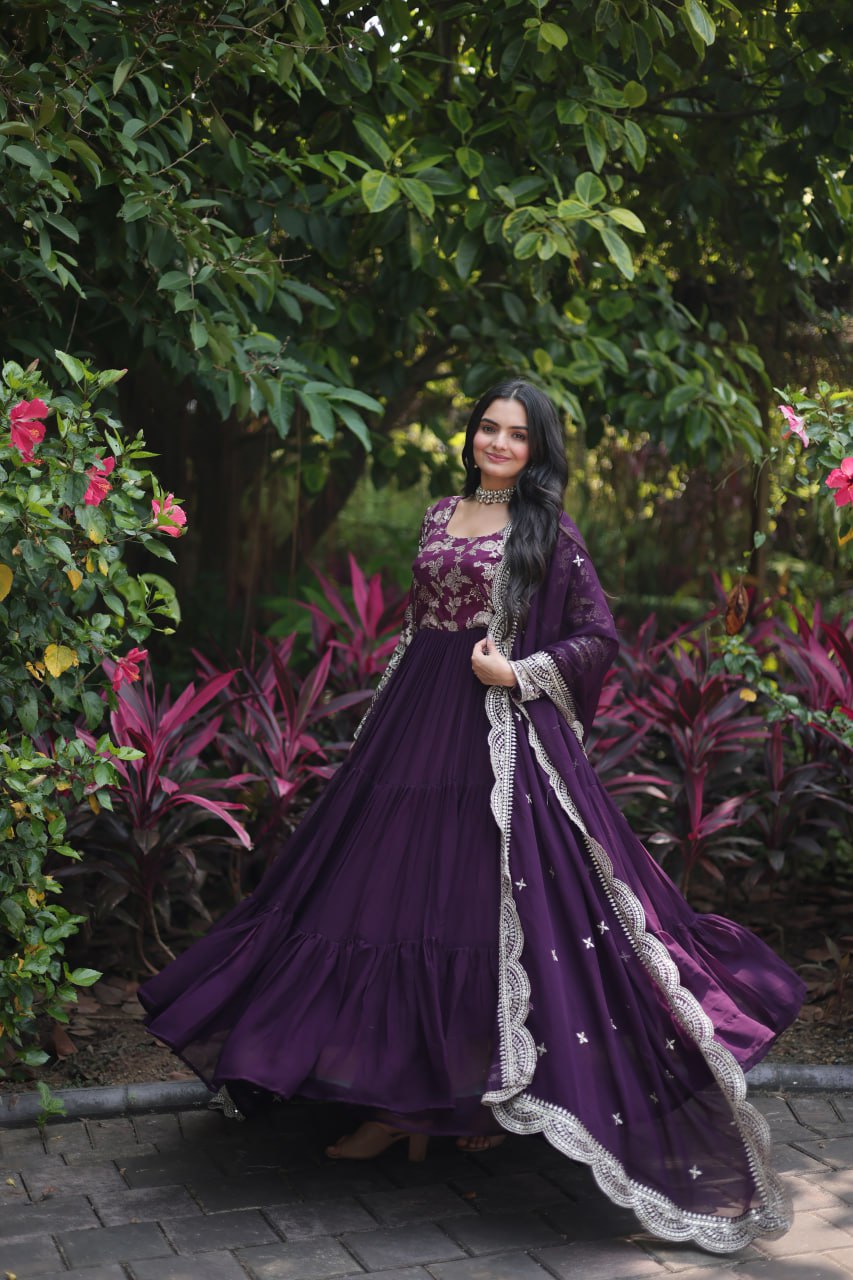 Enticing Faux Georgette Sequins Embroidered Festive Wear Gown - Ethnicwish