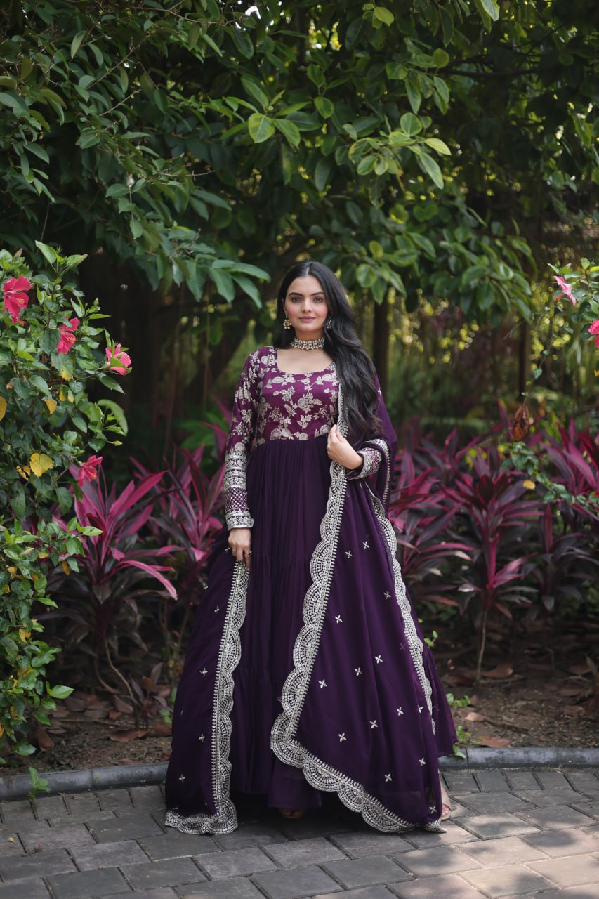 Enticing Faux Georgette Sequins Embroidered Festive Wear Gown - Ethnicwish