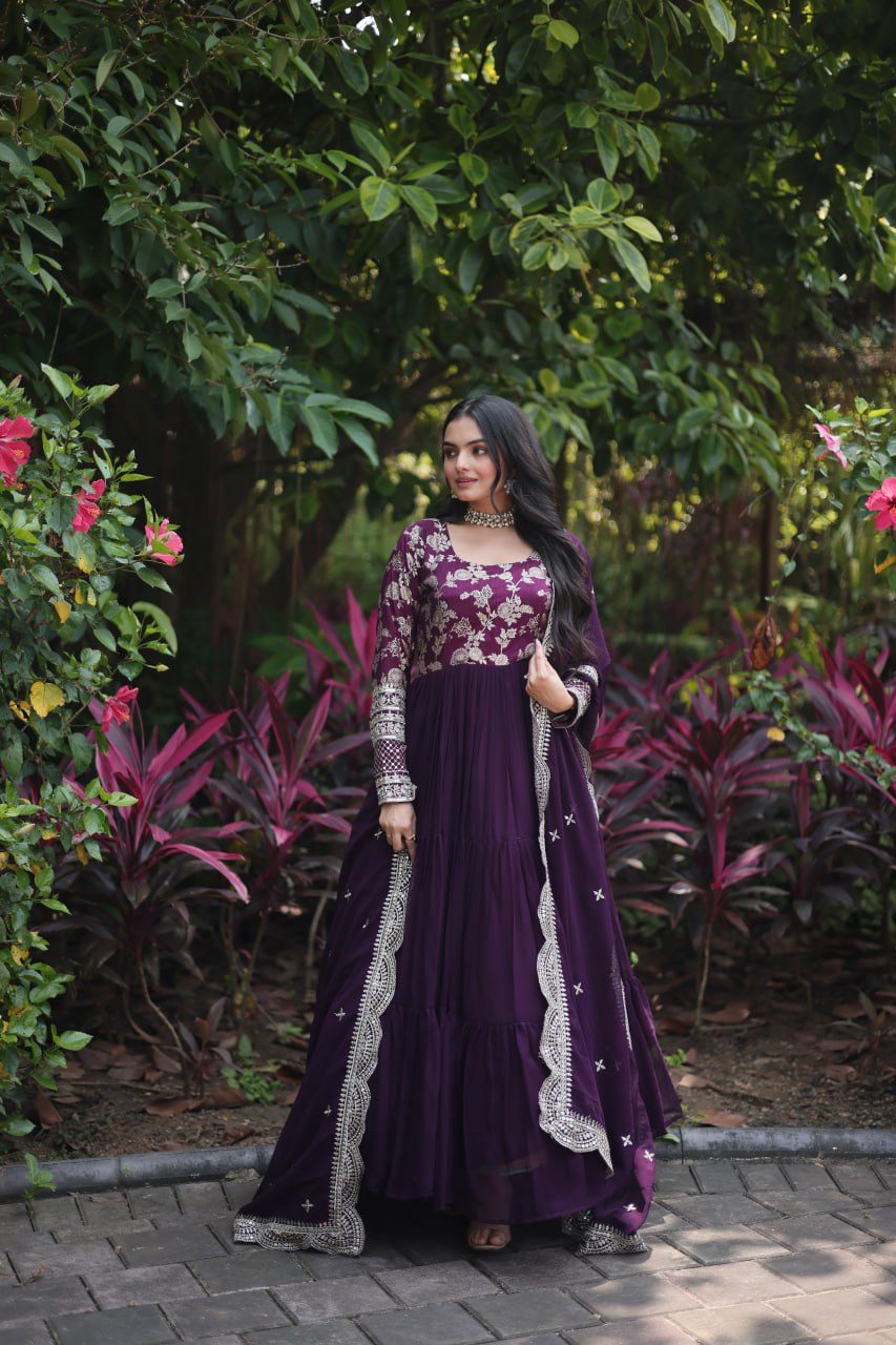 Enticing Faux Georgette Sequins Embroidered Festive Wear Gown - Ethnicwish