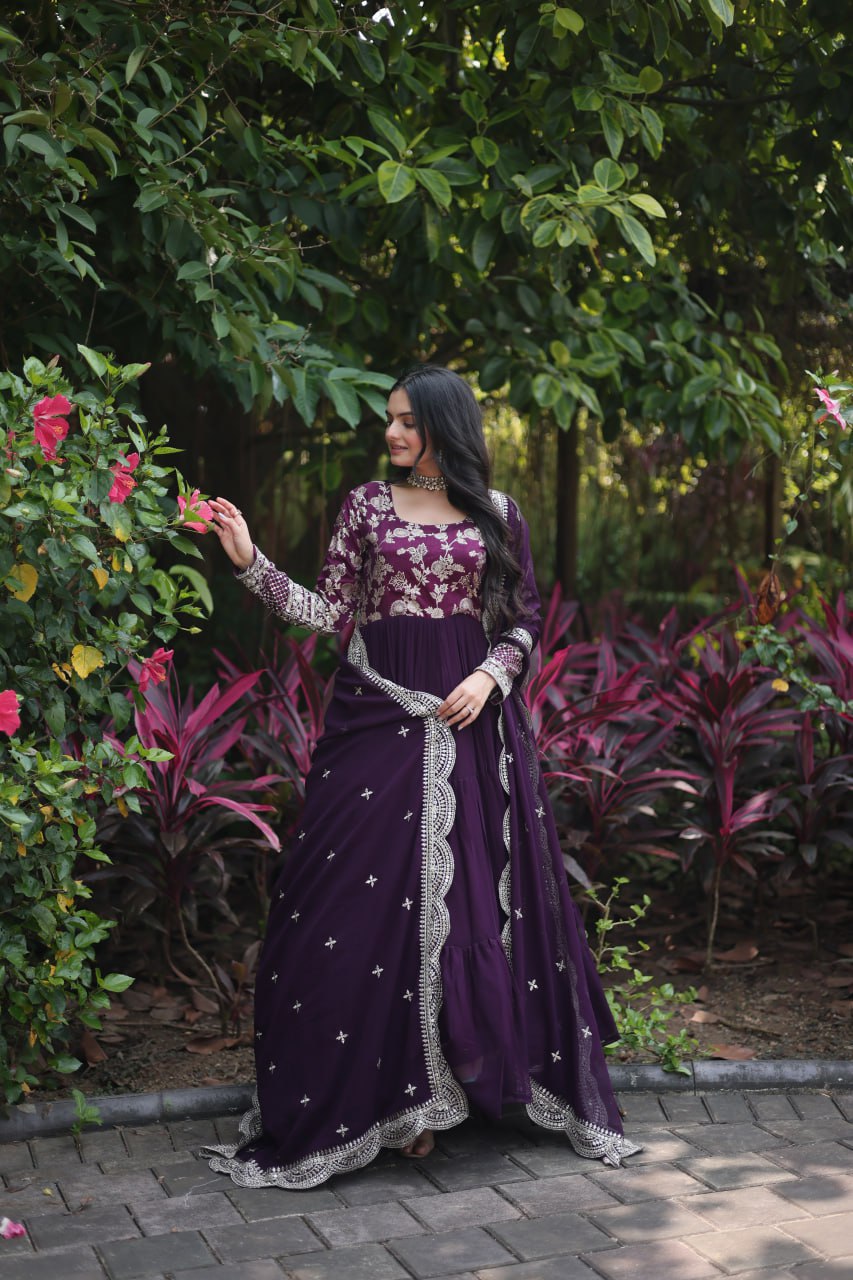 Enticing Faux Georgette Sequins Embroidered Festive Wear Gown - Ethnicwish