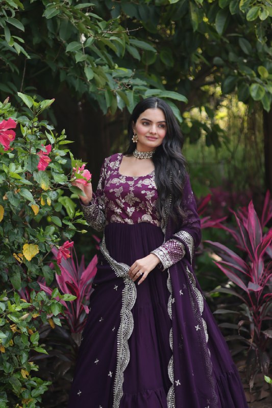Enticing Faux Georgette Sequins Embroidered Festive Wear Gown - Ethnicwish