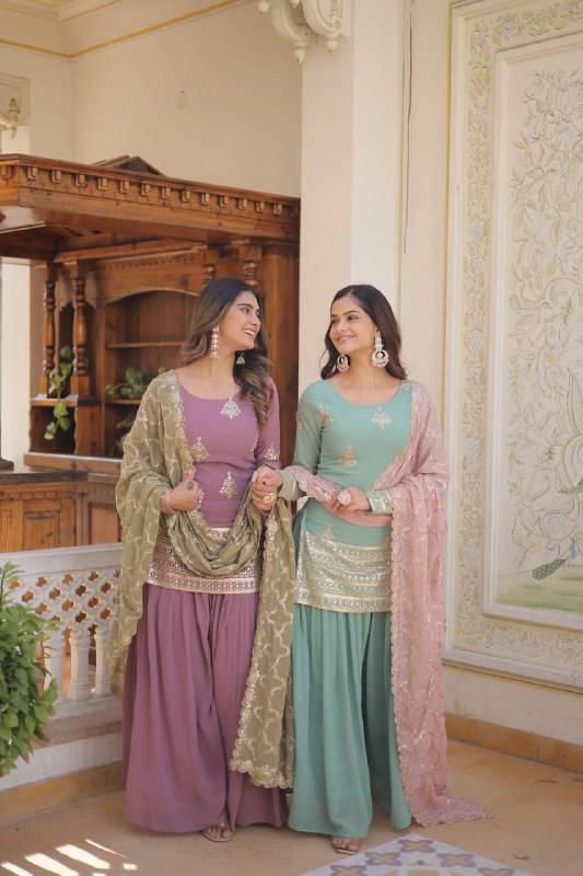 Dazzling Faux Georgette Sequins Embroidered Top Palazzo Suit - Ethnicwish