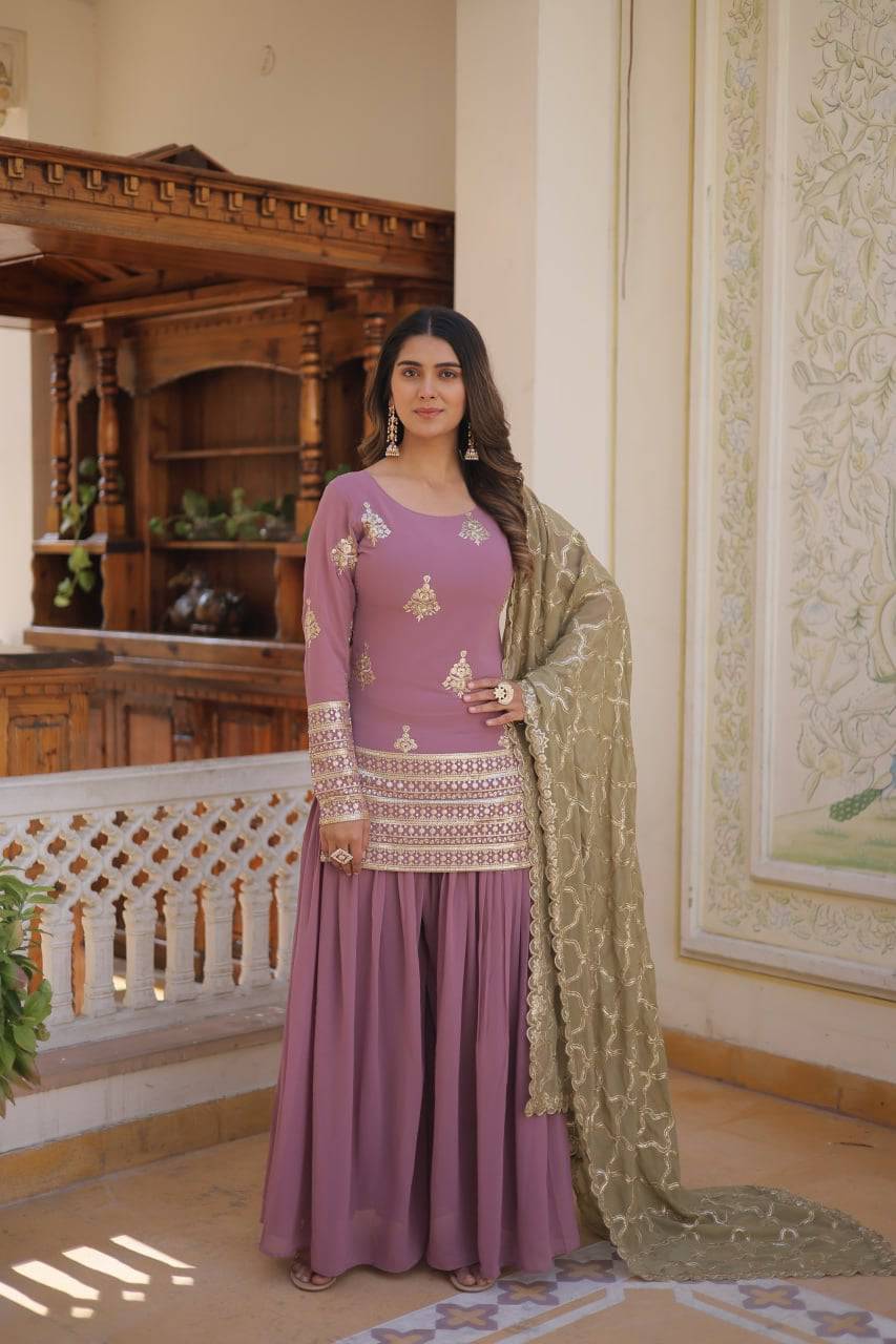 Dazzling Faux Georgette Sequins Embroidered Top Palazzo Suit - Ethnicwish