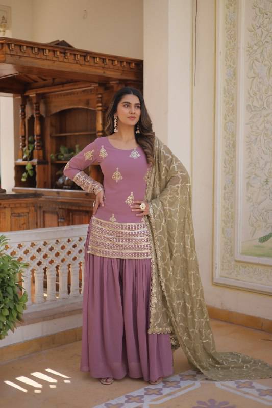 Dazzling Faux Georgette Sequins Embroidered Top Palazzo Suit - Ethnicwish