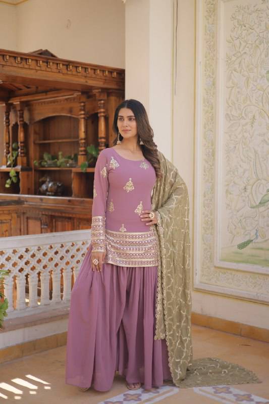 Dazzling Faux Georgette Sequins Embroidered Top Palazzo Suit - Ethnicwish