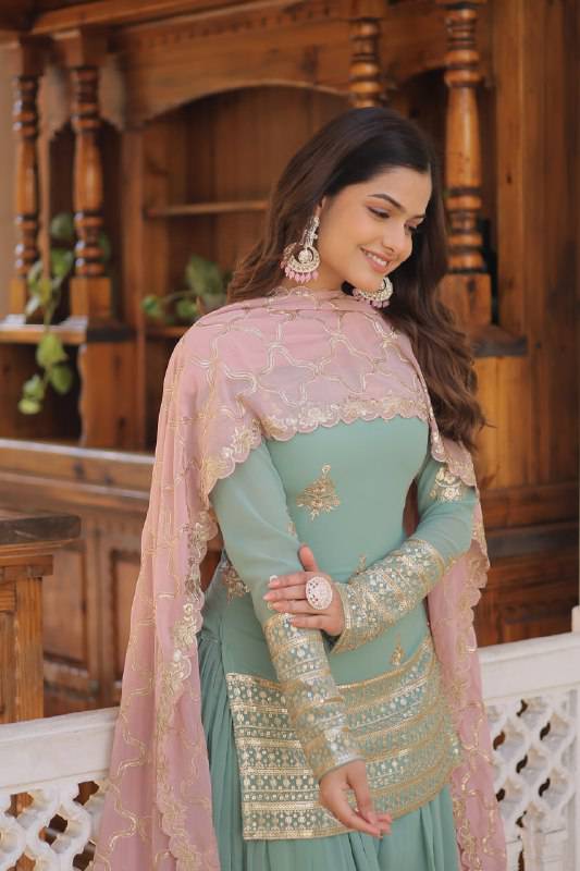 Dazzling Faux Georgette Sequins Embroidered Top Palazzo Suit - Ethnicwish
