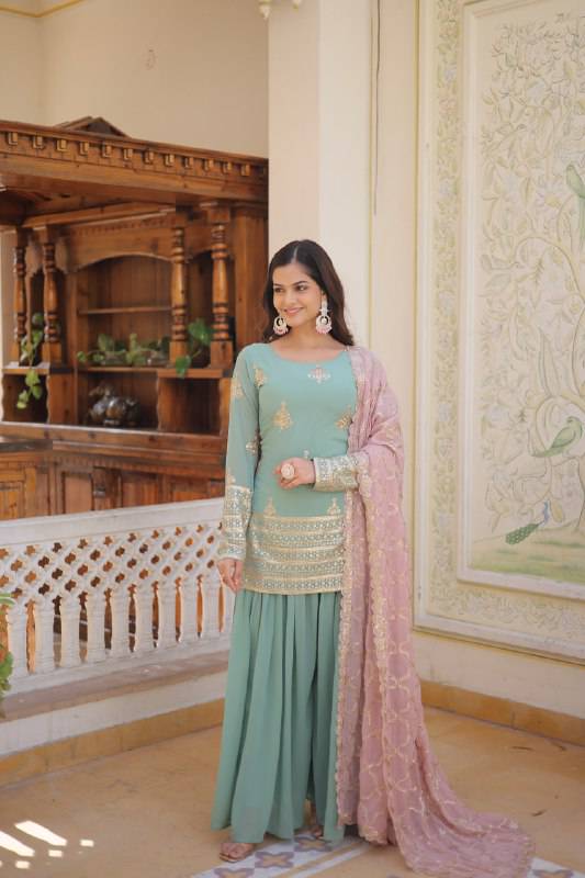 Dazzling Faux Georgette Sequins Embroidered Top Palazzo Suit - Ethnicwish