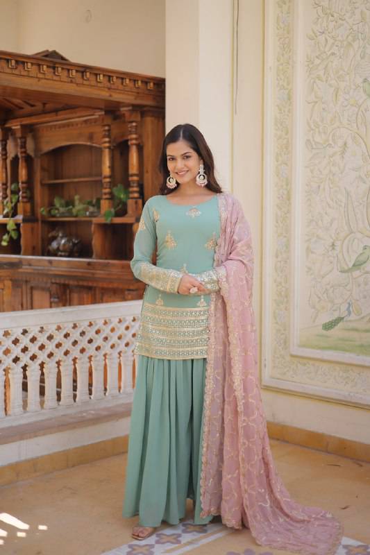 Dazzling Faux Georgette Sequins Embroidered Top Palazzo Suit - Ethnicwish