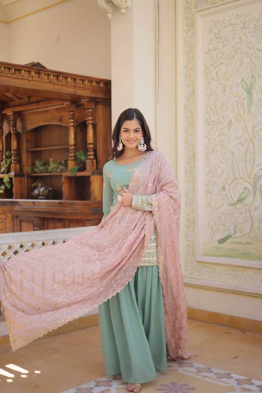 Dazzling Faux Georgette Sequins Embroidered Top Palazzo Suit - Ethnicwish