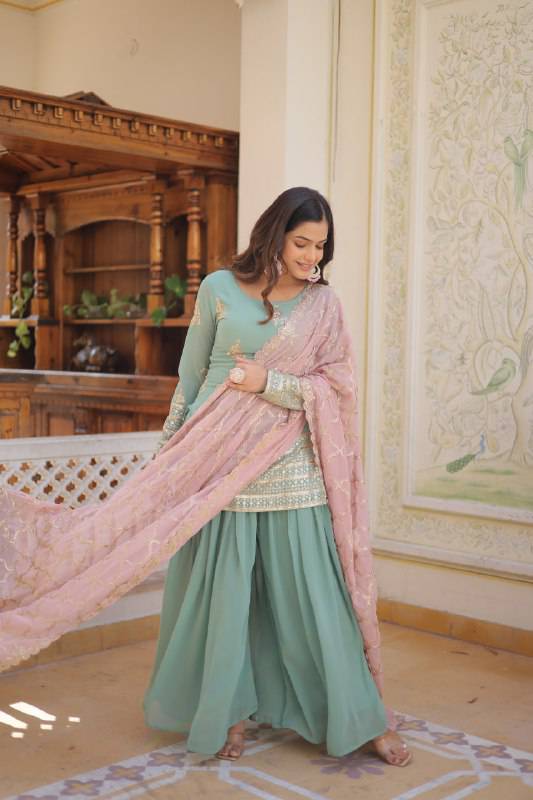 Dazzling Faux Georgette Sequins Embroidered Top Palazzo Suit - Ethnicwish