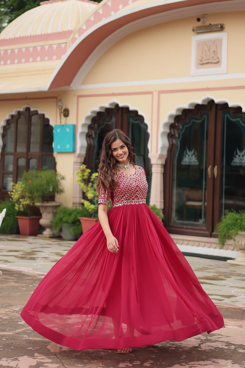 Radiant Faux Georgette Zari Sequins Worked Designer Gown - Ethnicwish