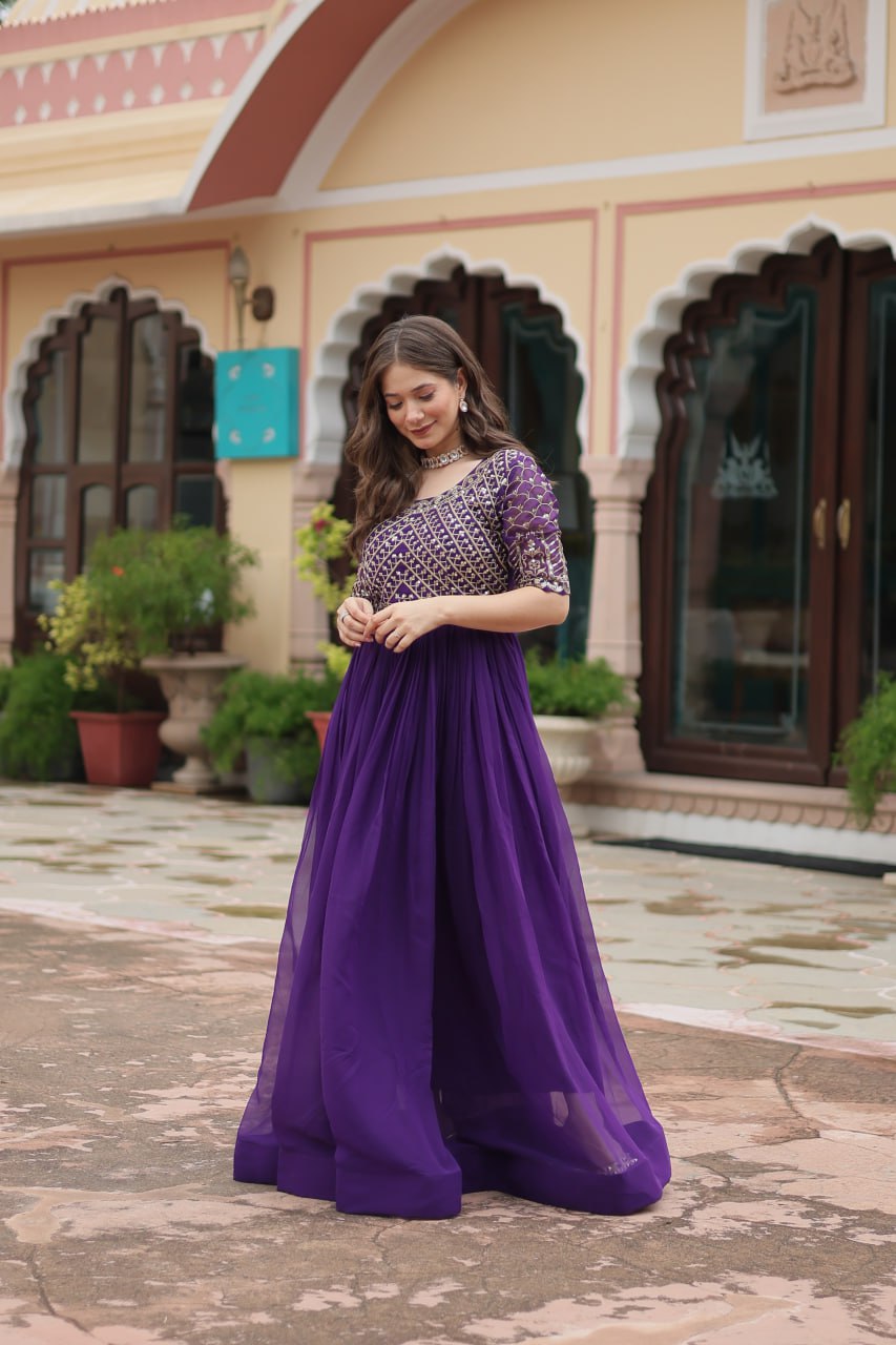 Radiant Faux Georgette Zari Sequins Worked Designer Gown - Ethnicwish