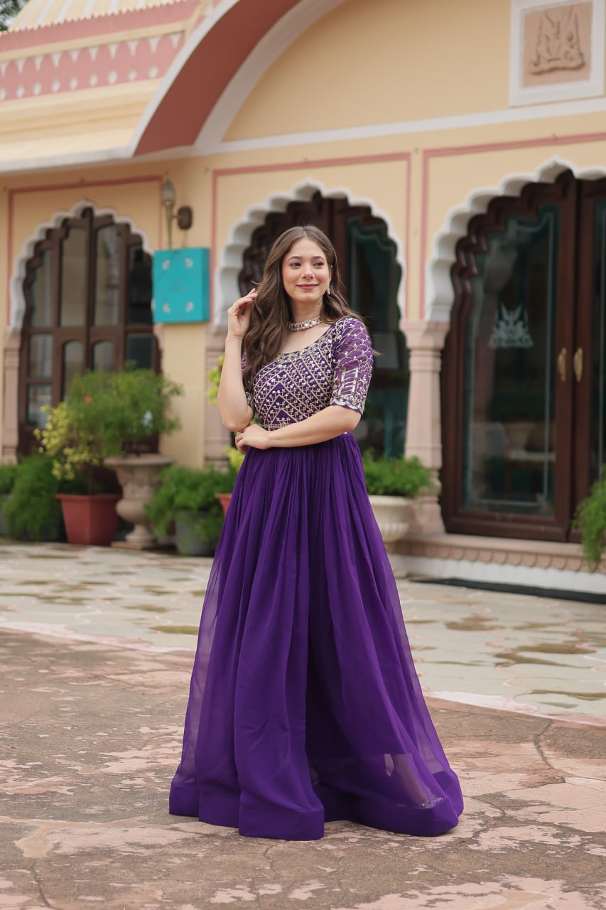 Radiant Faux Georgette Zari Sequins Worked Designer Gown - Ethnicwish