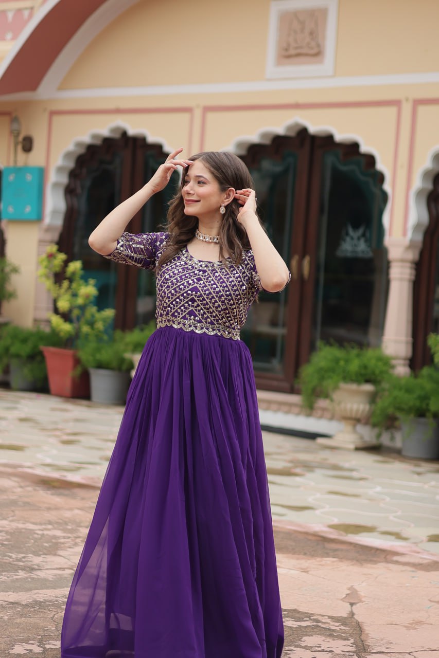 Radiant Faux Georgette Zari Sequins Worked Designer Gown - Ethnicwish