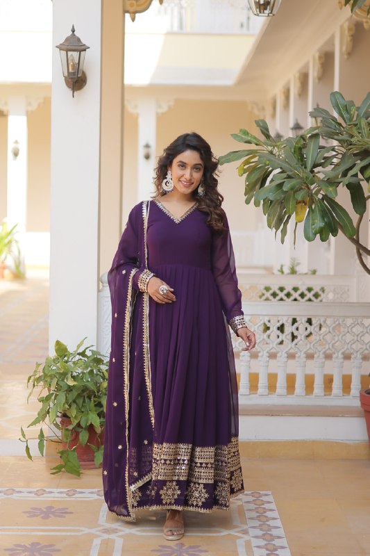 Graceful Faux Georgette Sequins Multi Worked Designer Gown - Ethnicwish