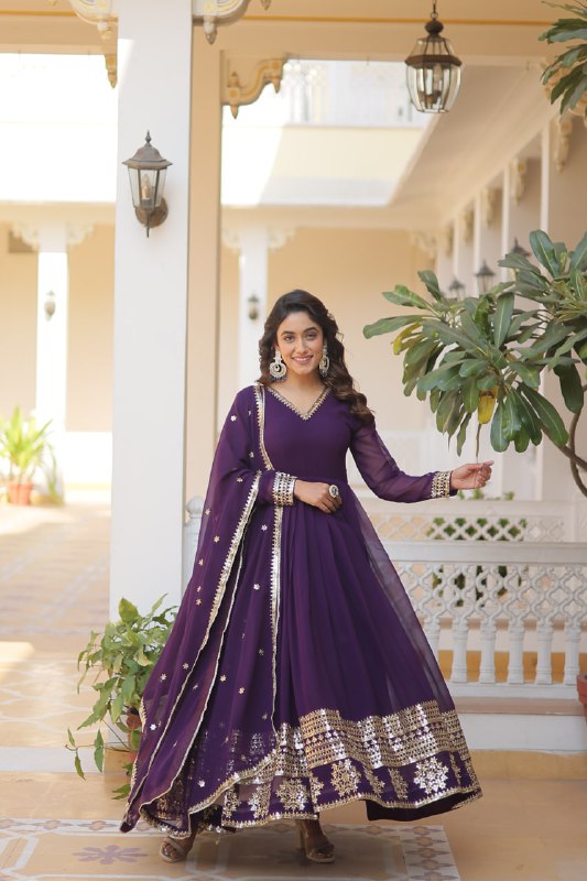 Graceful Faux Georgette Sequins Multi Worked Designer Gown - Ethnicwish