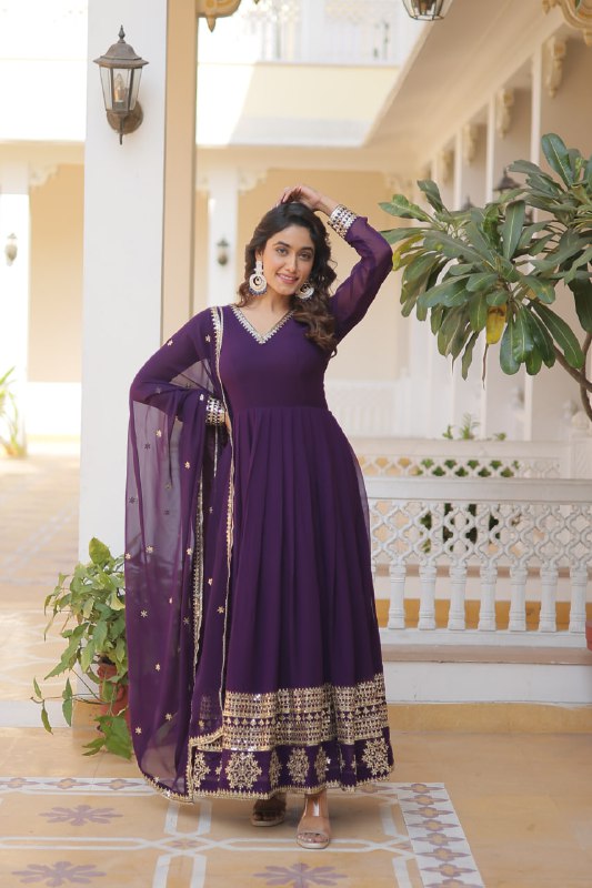 Graceful Faux Georgette Sequins Multi Worked Designer Gown - Ethnicwish
