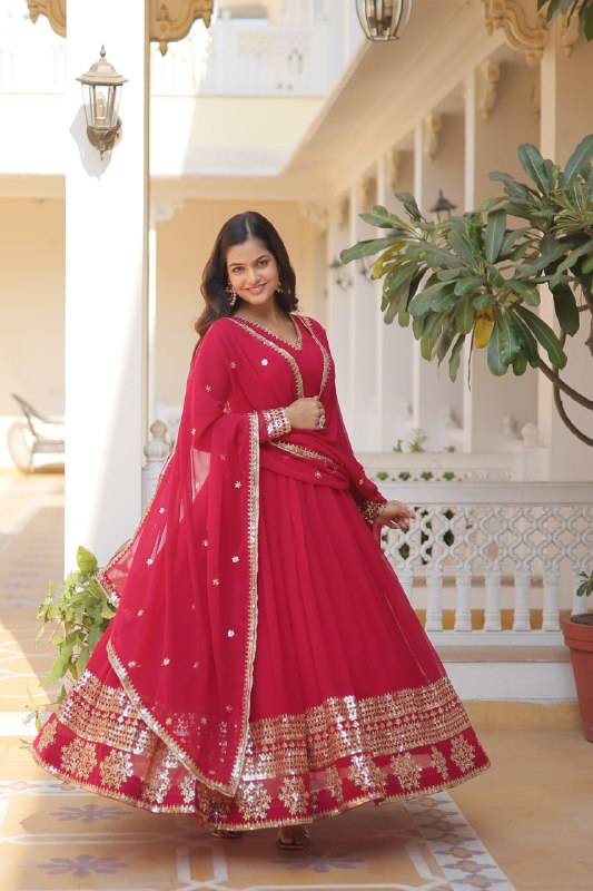 Graceful Faux Georgette Sequins Multi Worked Designer Gown - Ethnicwish