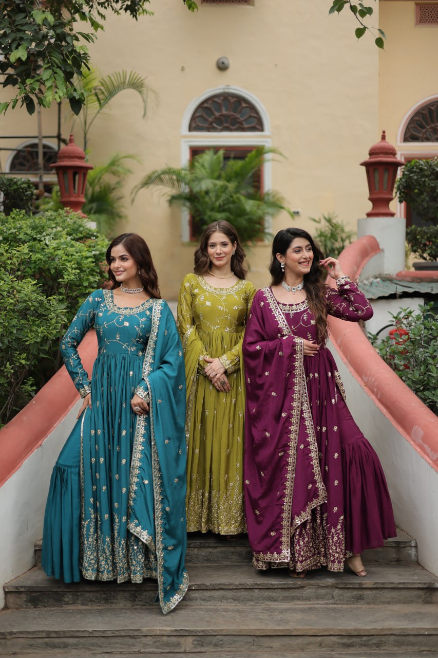 Elegant Chinon Sequins Embroidered Designer Top Sharara Suit - Ethnicwish