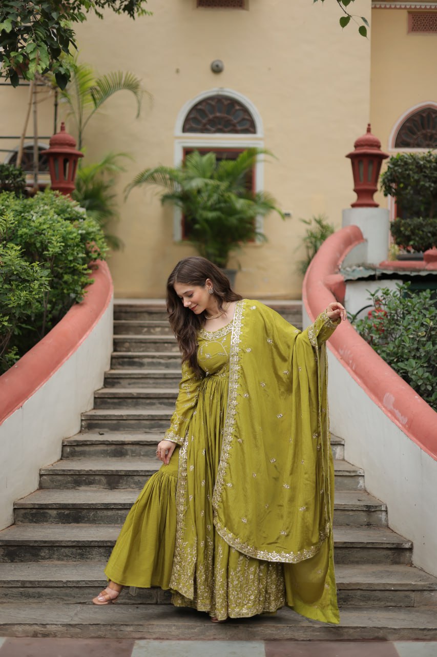 Elegant Chinon Sequins Embroidered Designer Top Sharara Suit - Ethnicwish