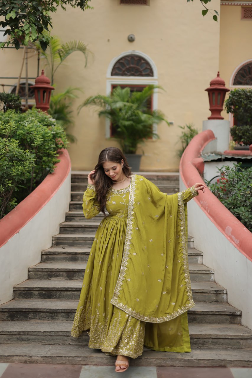 Elegant Chinon Sequins Embroidered Designer Top Sharara Suit - Ethnicwish