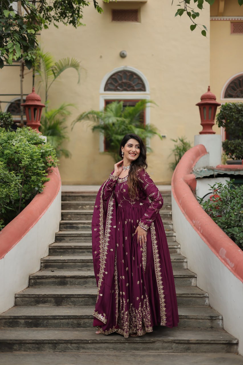 Elegant Chinon Sequins Embroidered Designer Top Sharara Suit - Ethnicwish