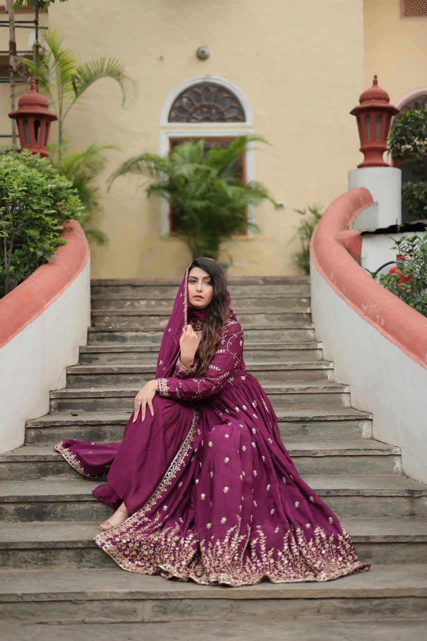 Elegant Chinon Sequins Embroidered Designer Top Sharara Suit - Ethnicwish