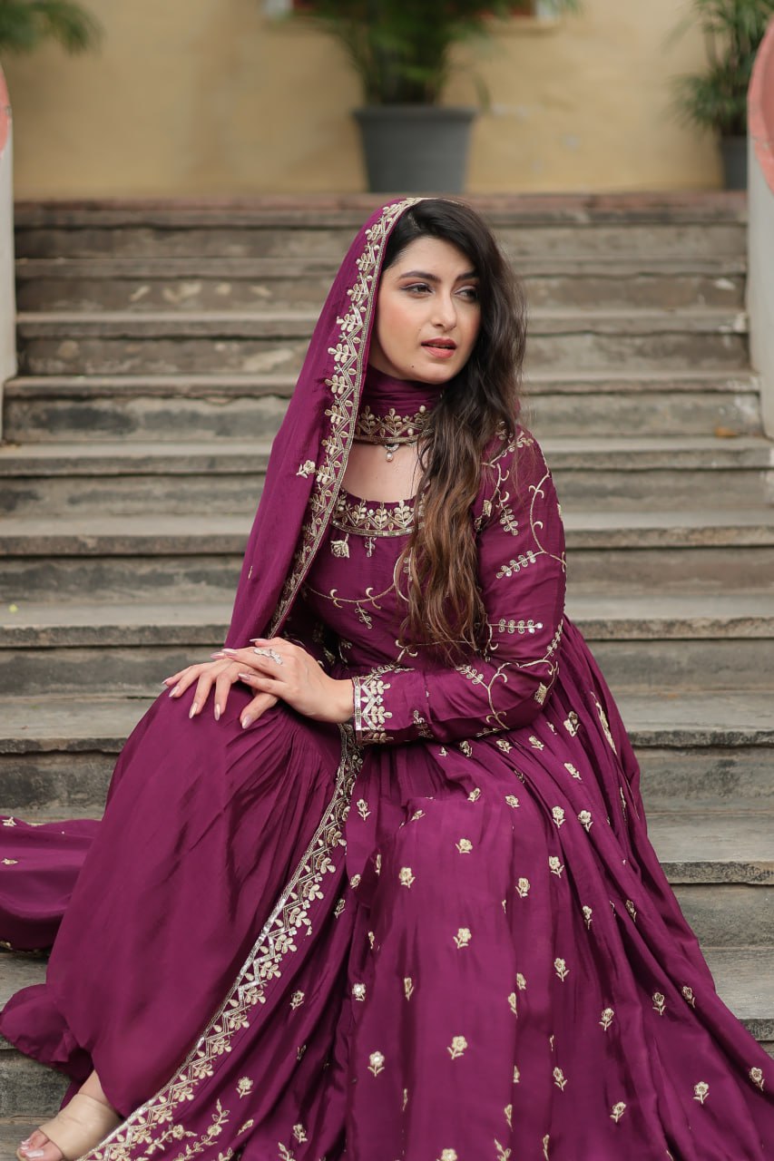Elegant Chinon Sequins Embroidered Designer Top Sharara Suit - Ethnicwish