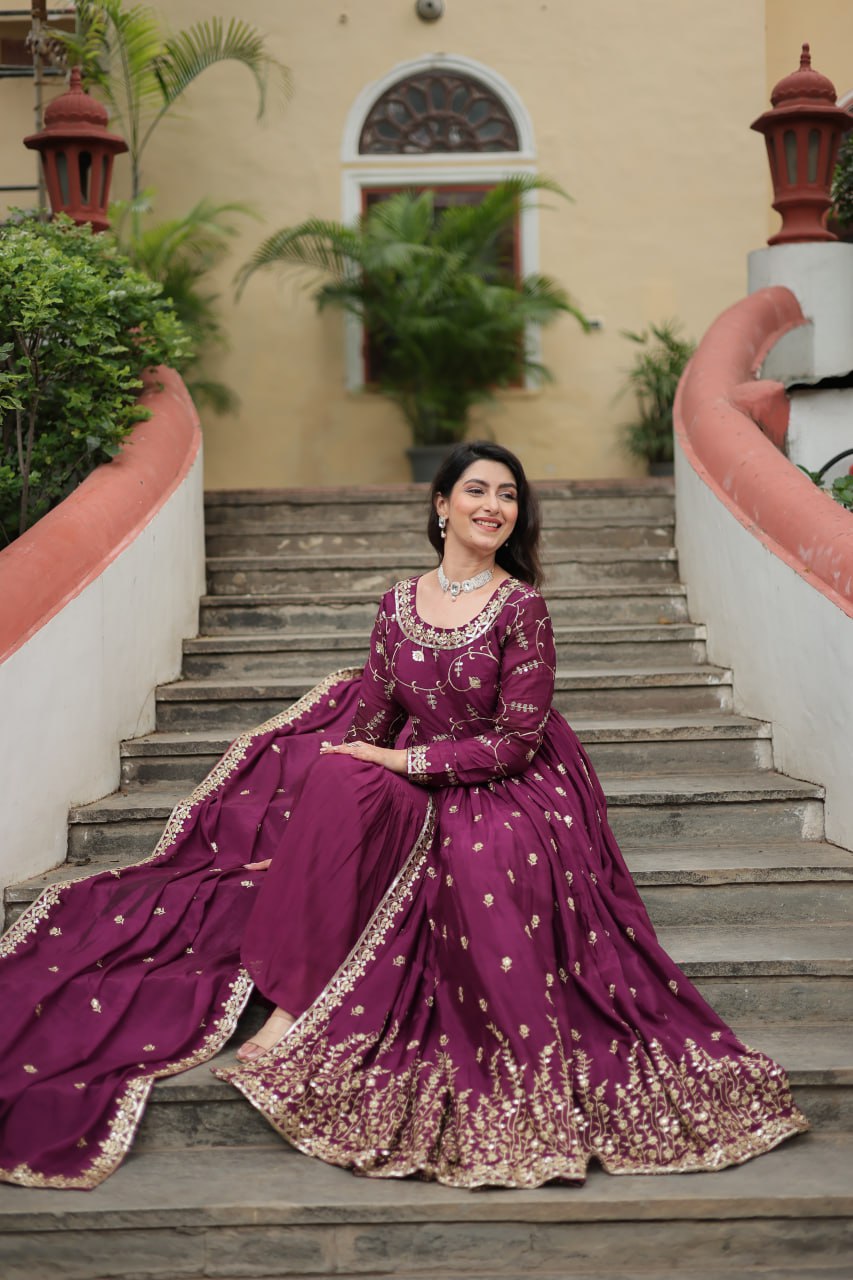 Elegant Chinon Sequins Embroidered Designer Top Sharara Suit - Ethnicwish