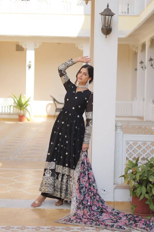 Elegant Faux Georgette Intricate Zari Sequins Worked Gown With Dupatta - Ethnicwish