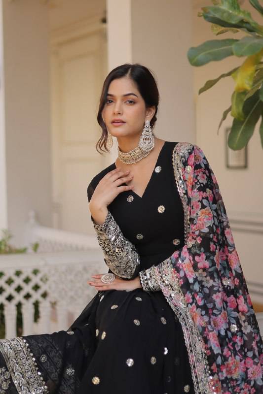 Elegant Faux Georgette Intricate Zari Sequins Worked Gown With Dupatta - Ethnicwish