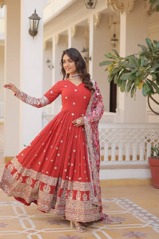 Elegant Faux Georgette Intricate Zari Sequins Worked Gown With Dupatta - Ethnicwish