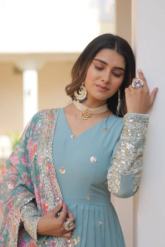 Elegant Faux Georgette Intricate Zari Sequins Worked Gown With Dupatta - Ethnicwish