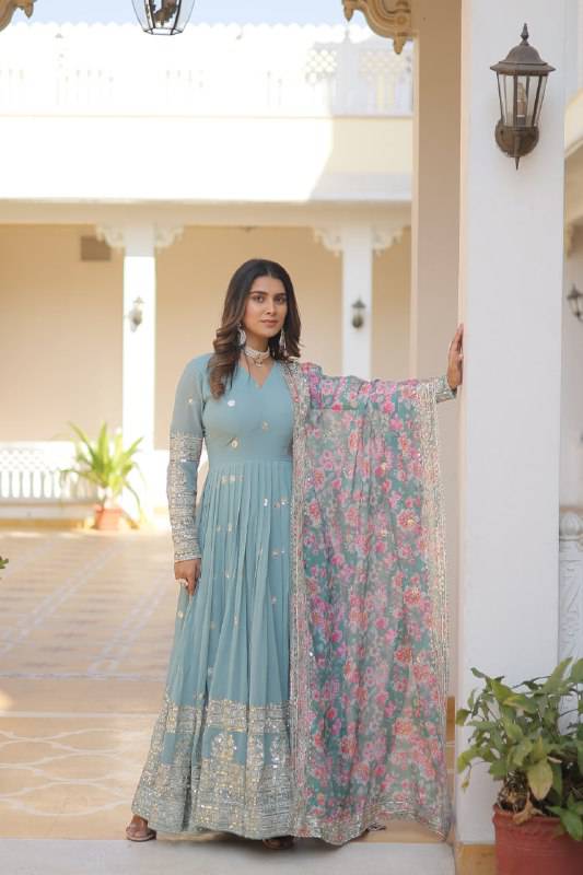 Elegant Faux Georgette Intricate Zari Sequins Worked Gown With Dupatta - Ethnicwish