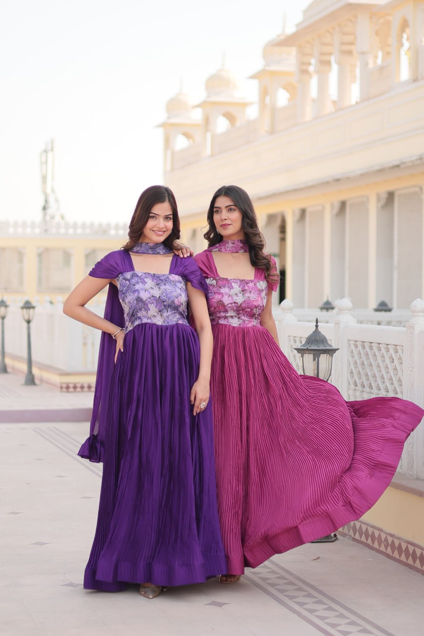 Appealing Chinon Position Printed Fully Stitched Gown With Dupatta - Ethnicwish
