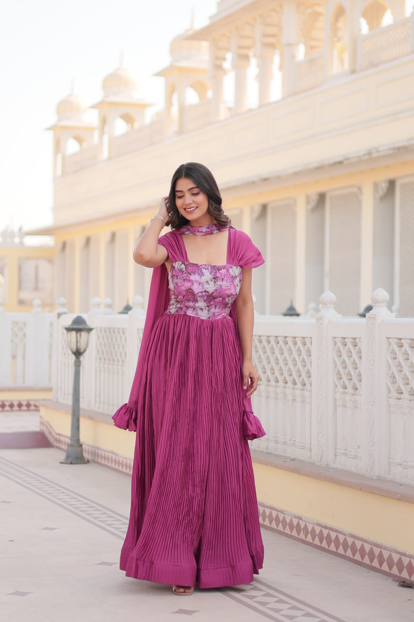 Appealing Chinon Position Printed Fully Stitched Gown With Dupatta - Ethnicwish