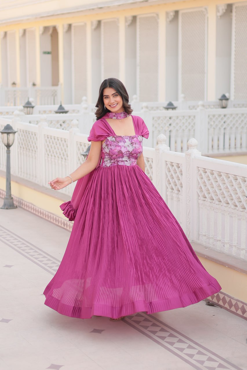 Appealing Chinon Position Printed Fully Stitched Gown With Dupatta - Ethnicwish
