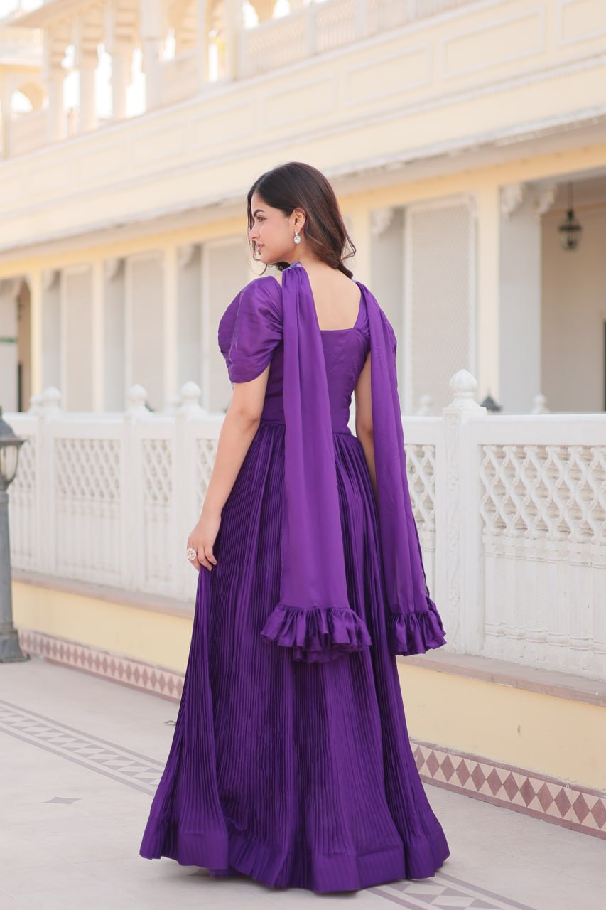 Appealing Chinon Position Printed Fully Stitched Gown With Dupatta - Ethnicwish