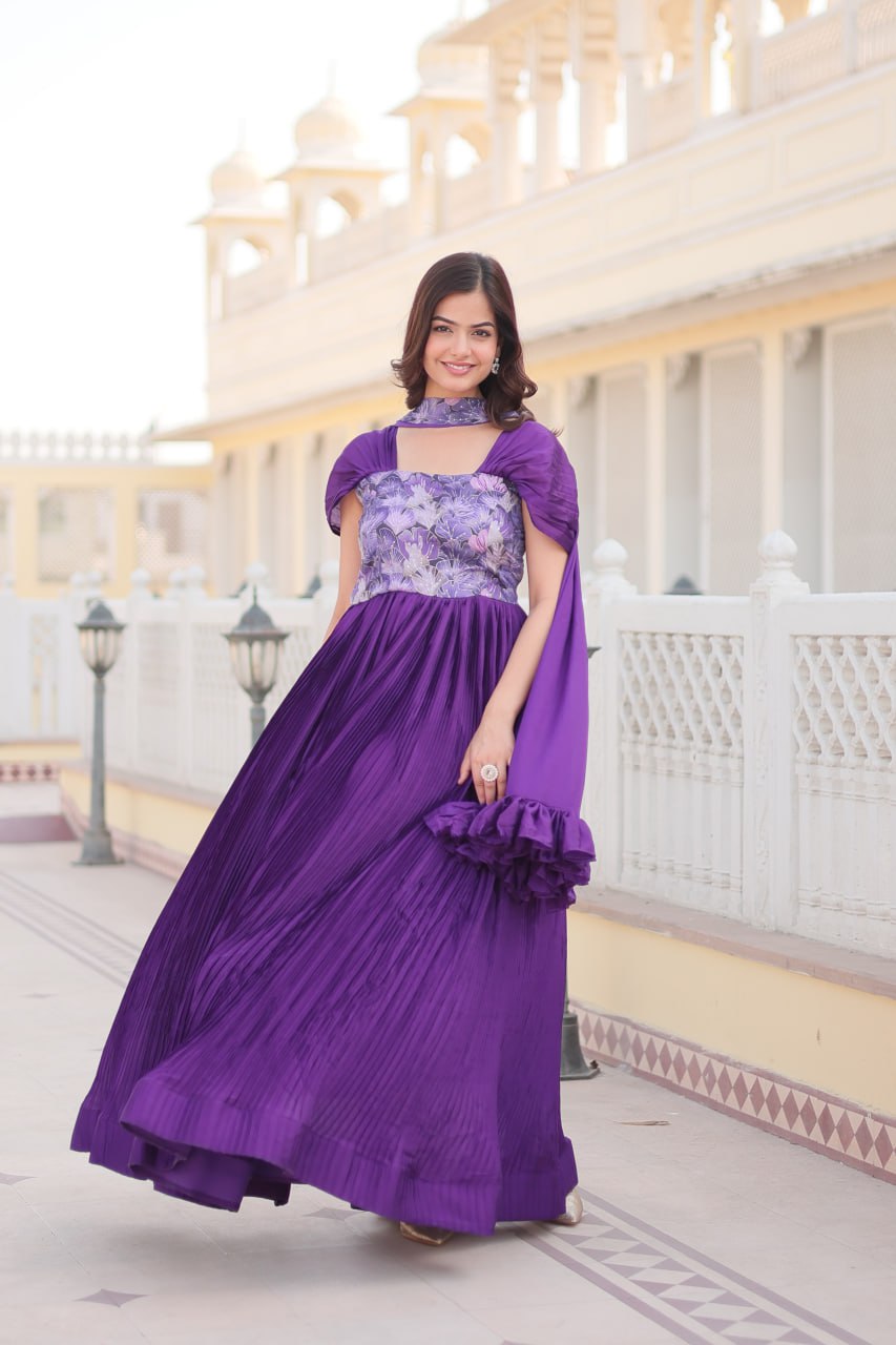 Appealing Chinon Position Printed Fully Stitched Gown With Dupatta - Ethnicwish