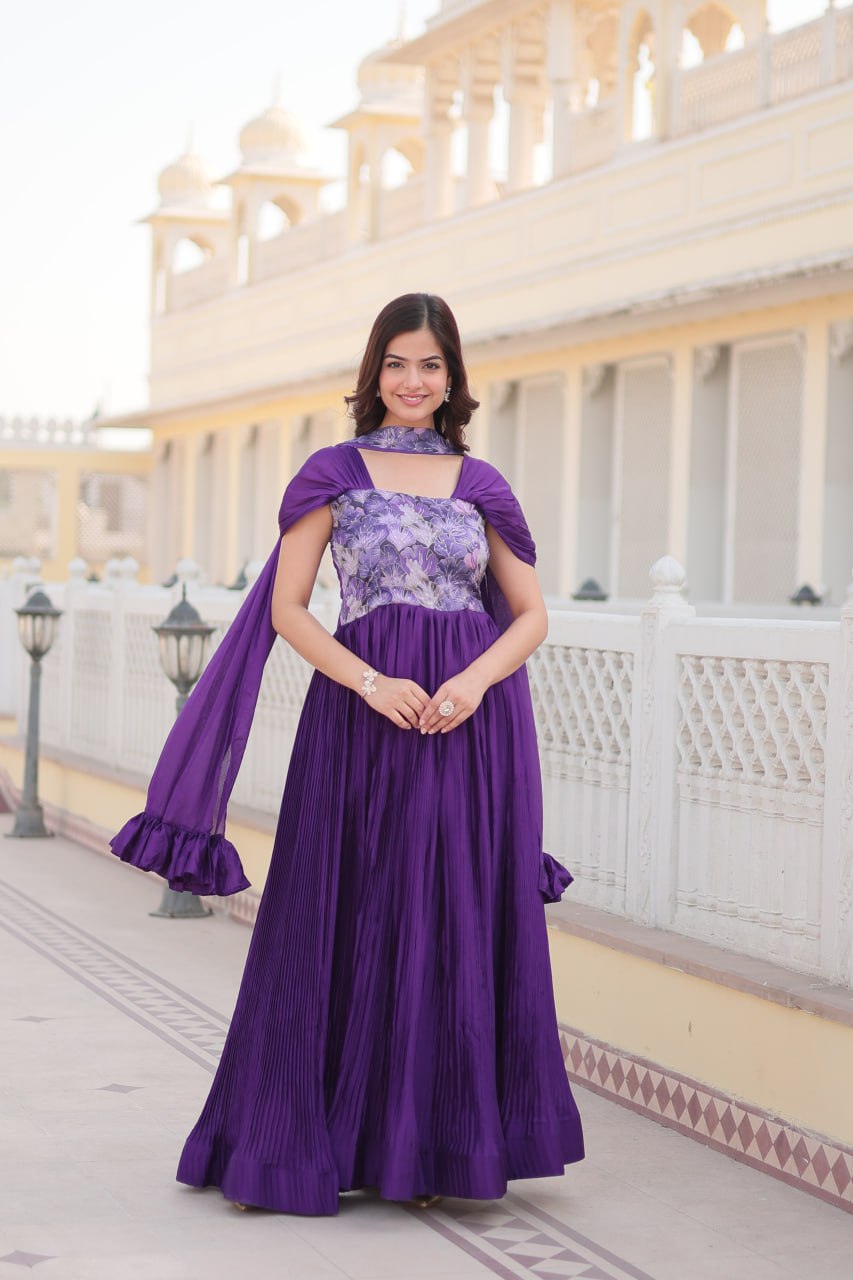 Appealing Chinon Position Printed Fully Stitched Gown With Dupatta - Ethnicwish