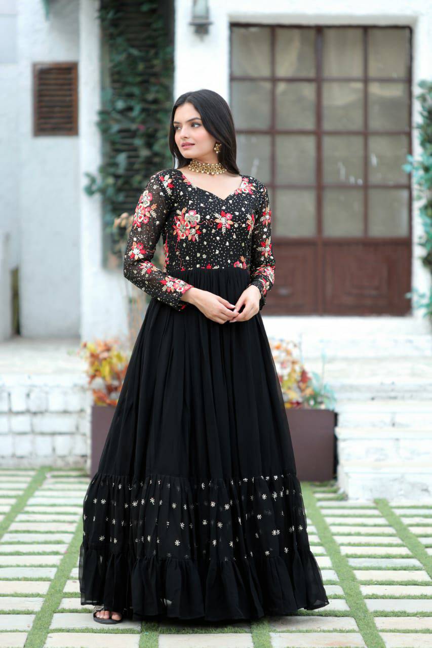 Prepossessing Wine Faux Georgette Sequins Worked Designer Gown - Ethnicwish