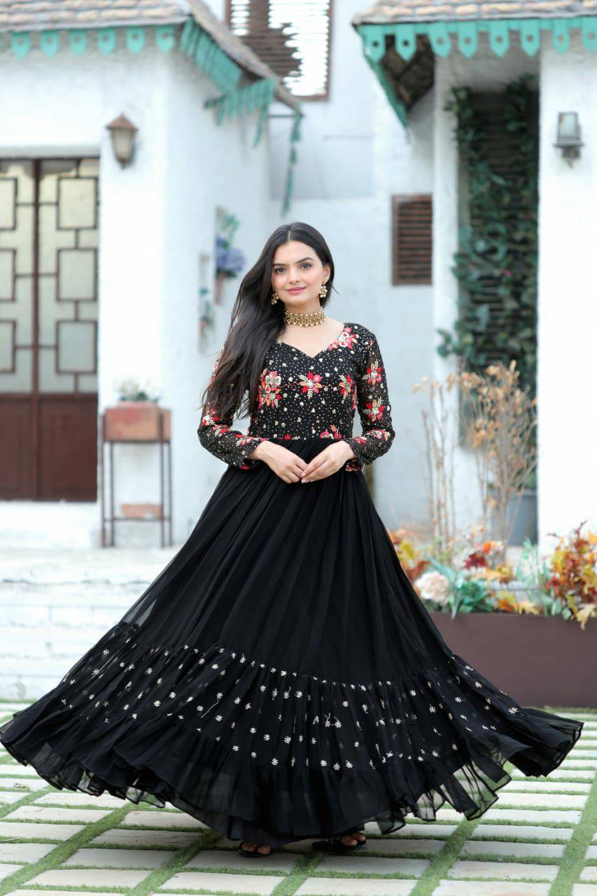 Prepossessing Wine Faux Georgette Sequins Worked Designer Gown - Ethnicwish
