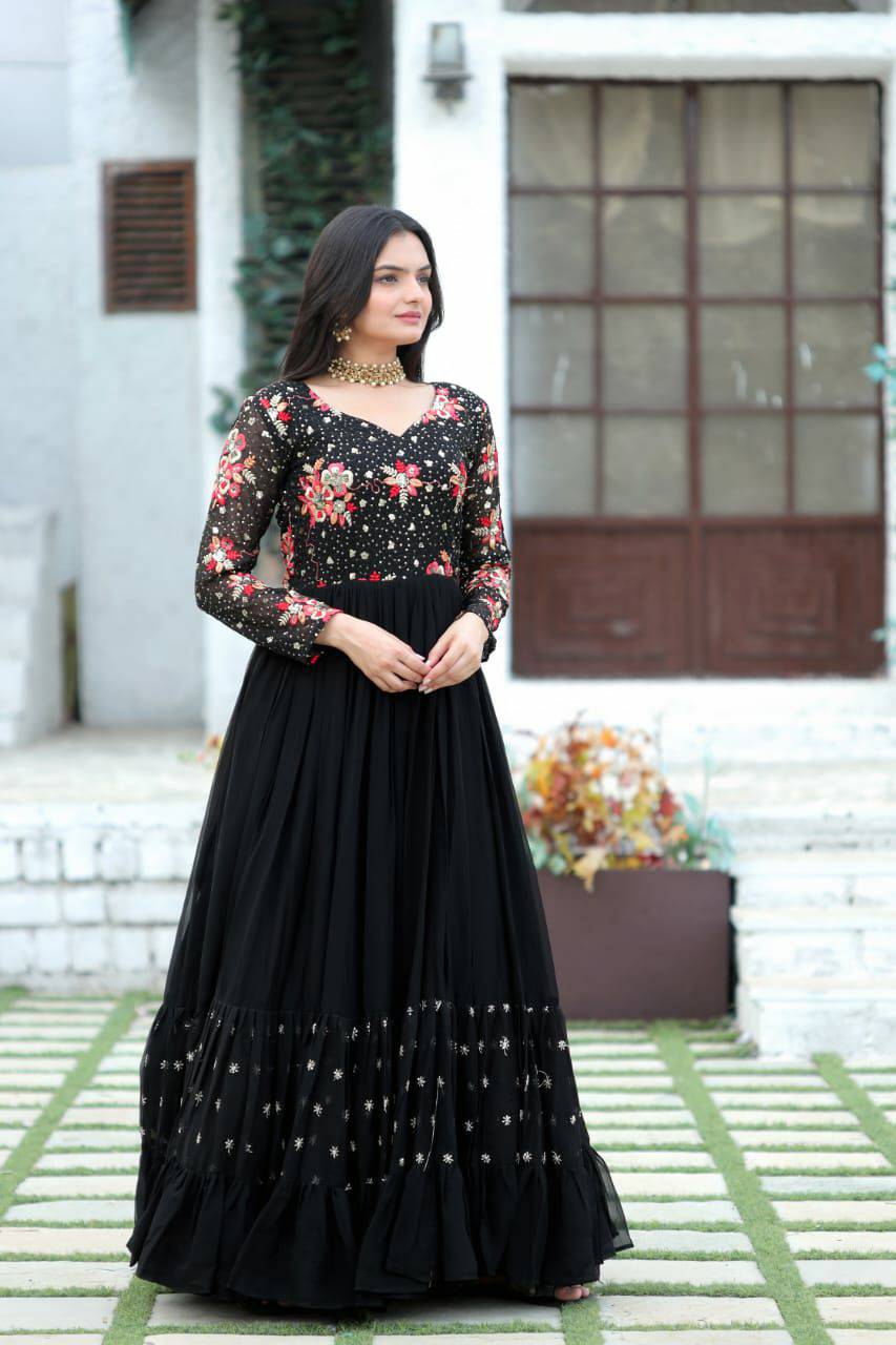 Prepossessing Wine Faux Georgette Sequins Worked Designer Gown - Ethnicwish